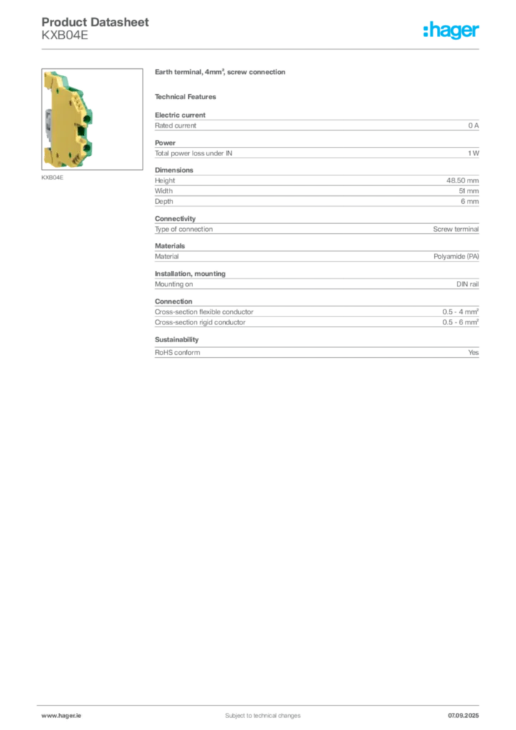 Image Hager Product data sheet KXB04E  | Hager