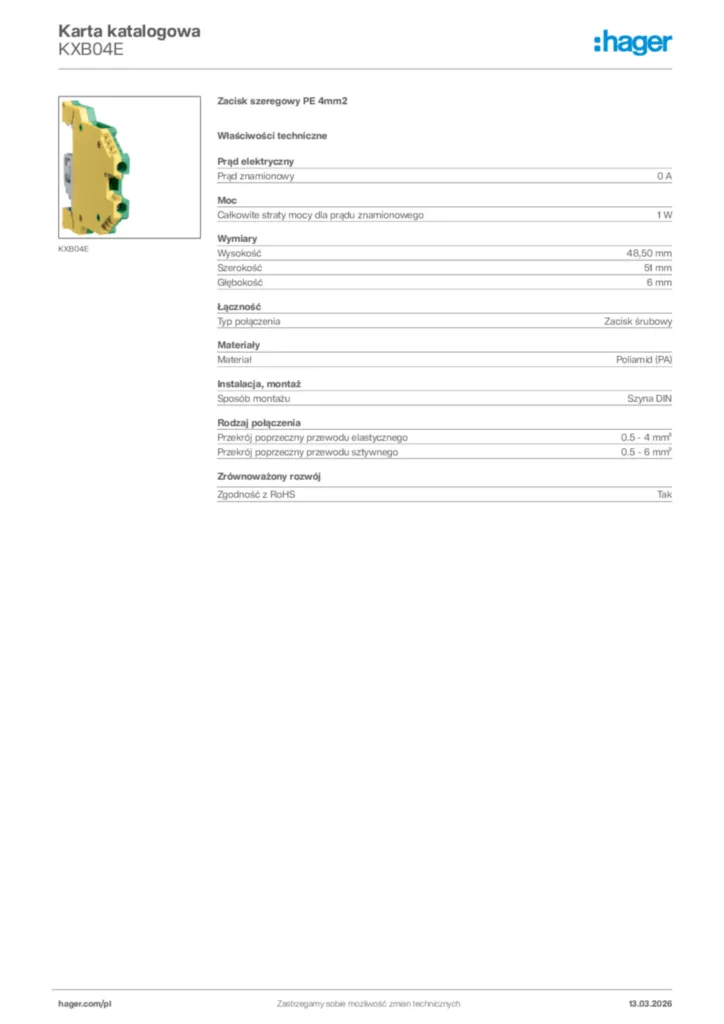 Zdjęcie Hager Karta katalogowa KXB04E | Hager Polska