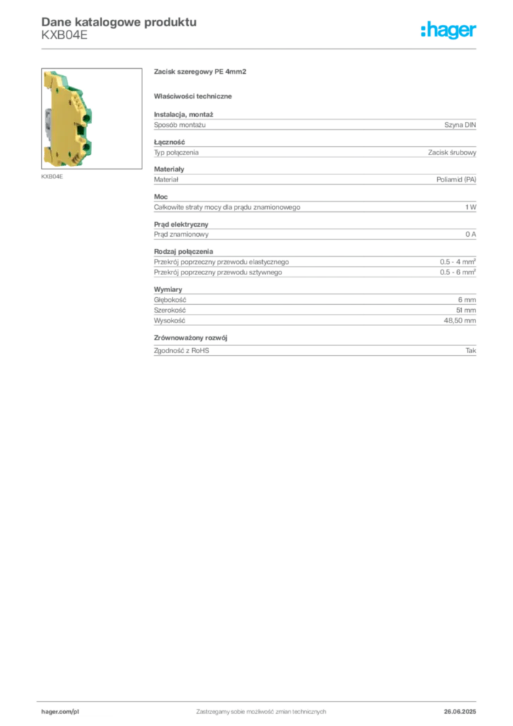 Zdjęcie Hager Karta katalogowa KXB04E | Hager Polska
