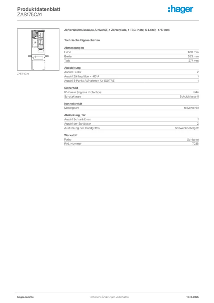 Bild Hager Produktdatenblatt ZAS175CA1 | Hager Deutschland
