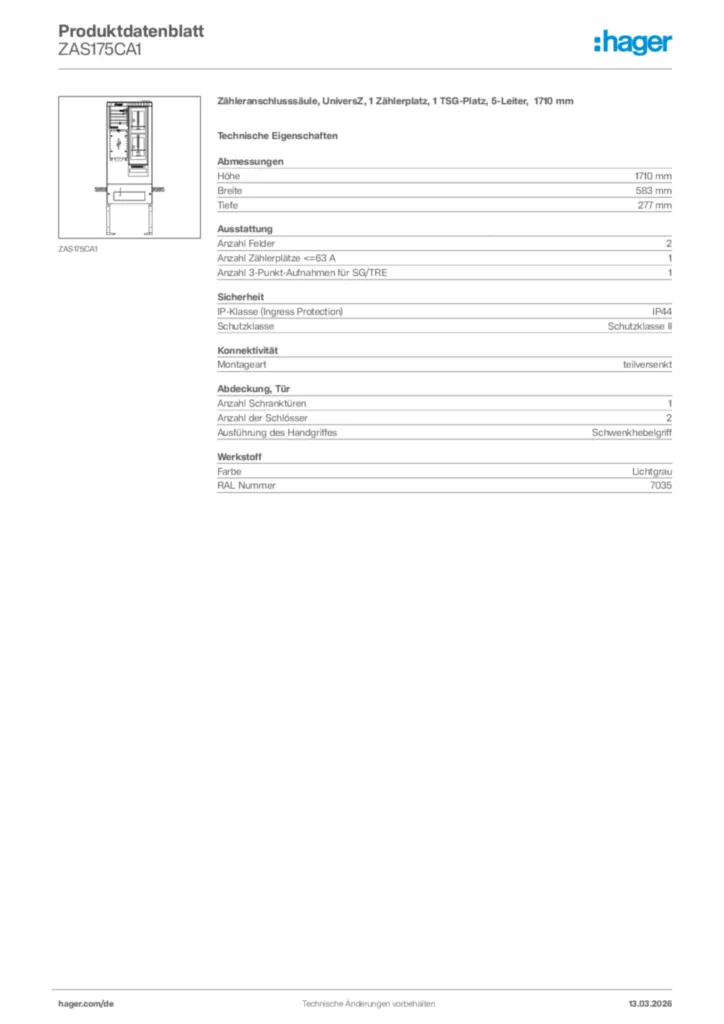 Bild Hager Produktdatenblatt ZAS175CA1 | Hager Deutschland