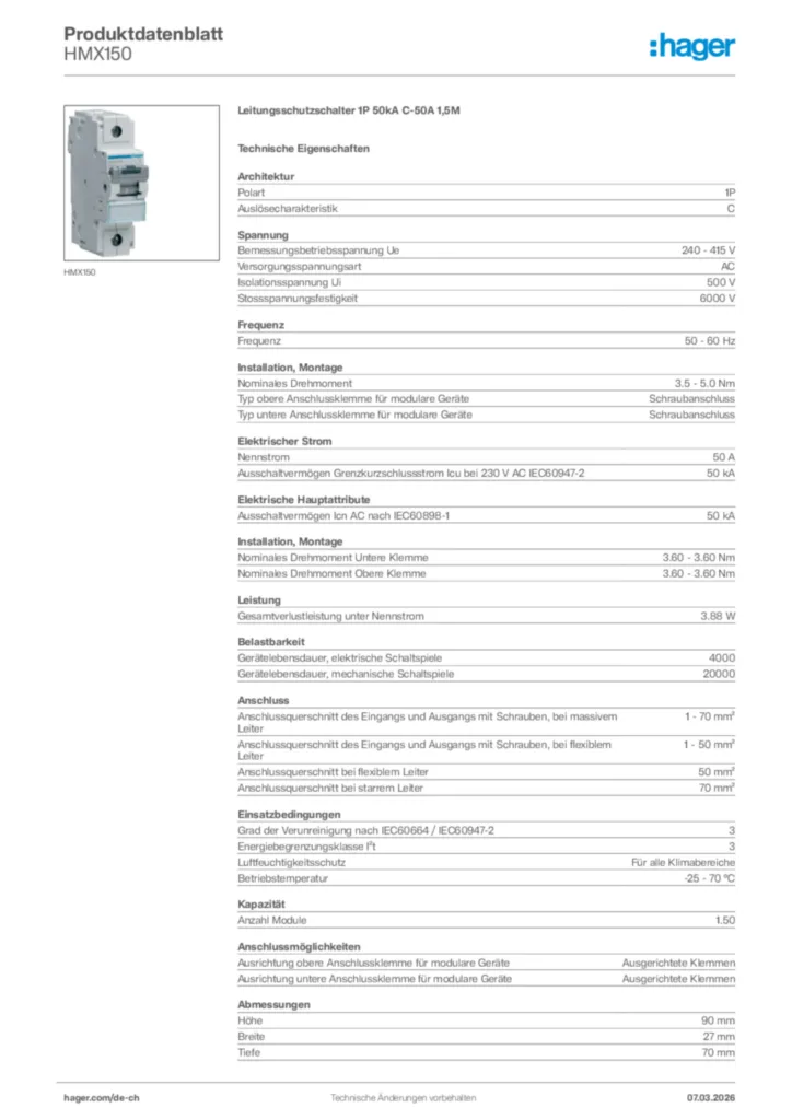 Bild Hager Produktdatenblatt HMX150 | Hager Schweiz