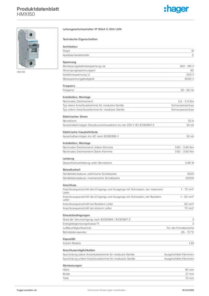 Bild Hager Produktdatenblatt HMX150 | Hager Schweiz