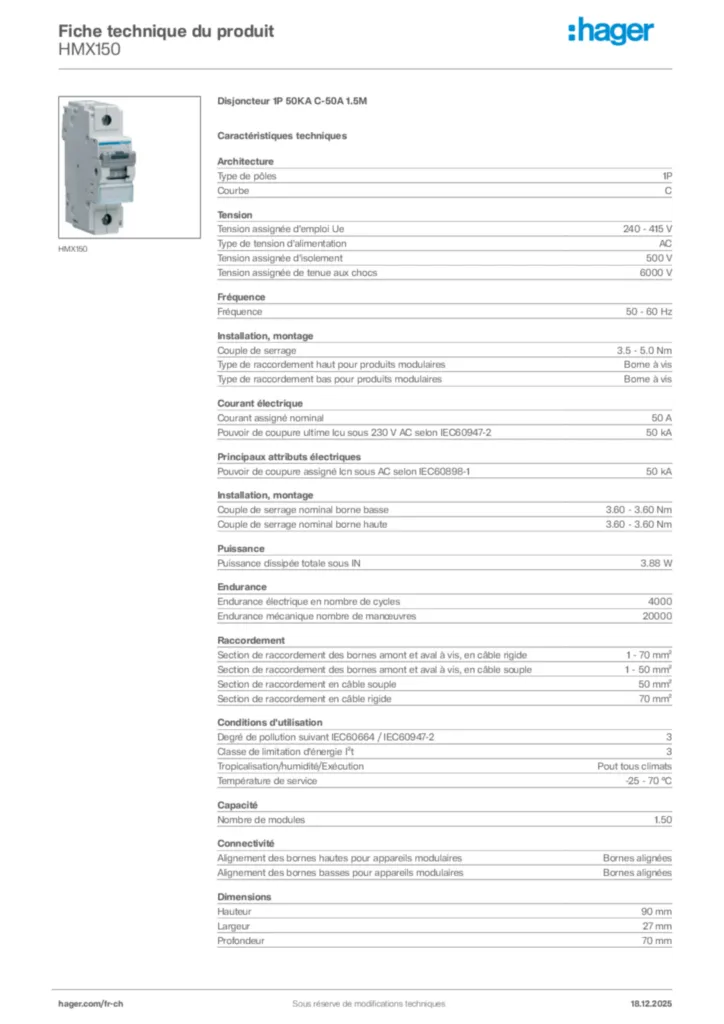 Image Hager Fiche technique du produit HMX150 | Hager Suisse