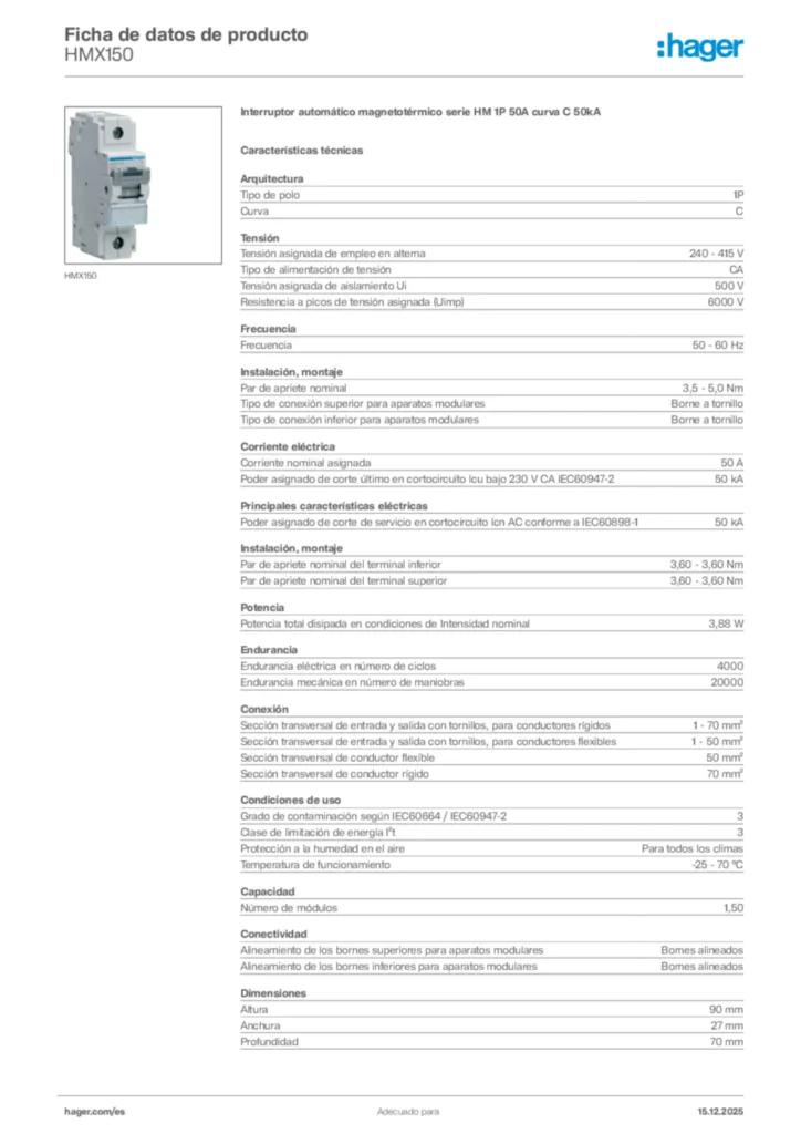 Imagen Hager Ficha de datos de producto HMX150 | Hager España