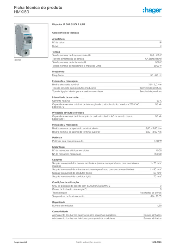 Imagem Hager Ficha técnica do produto HMX150 | Hager Portugal