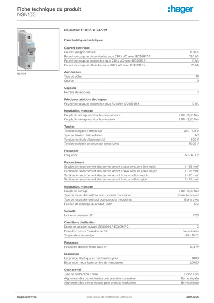 Image Hager Fiche technique du produit NSN100 | Hager Belgique