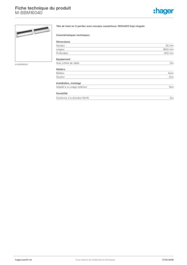 Image Hager Fiche technique du produit M-BBM16040 | Hager Suisse