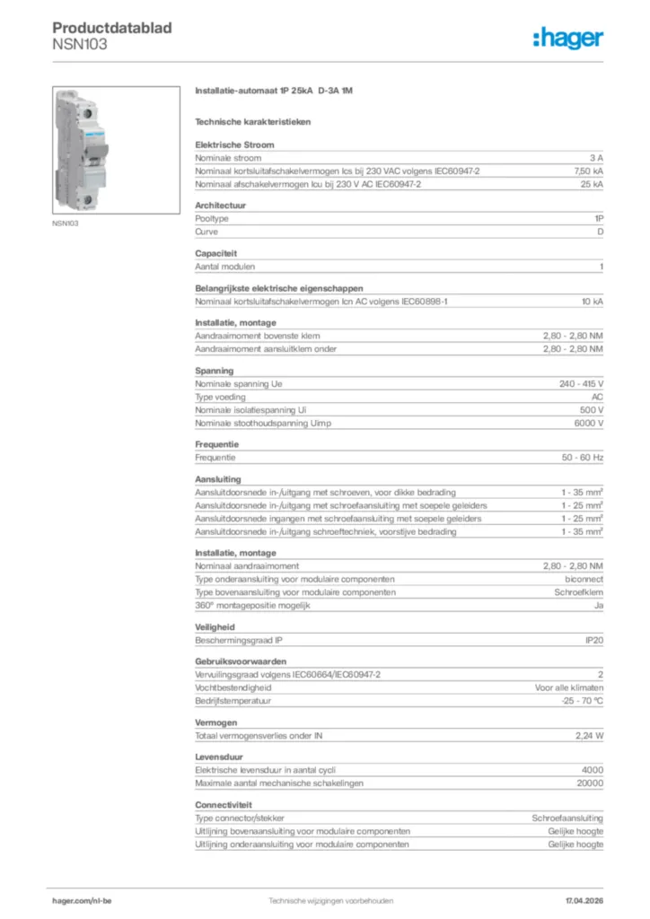 Afbeelding Hager Productdatablad NSN103 | Hager Belgium