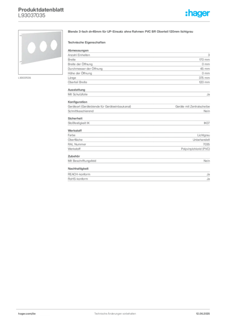 Hager Produktdatenblatt L93037035