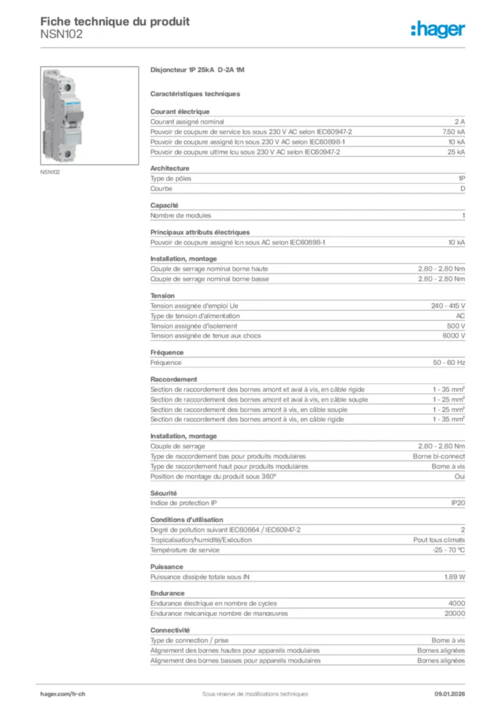 Image Hager Fiche technique du produit NSN102 | Hager Suisse