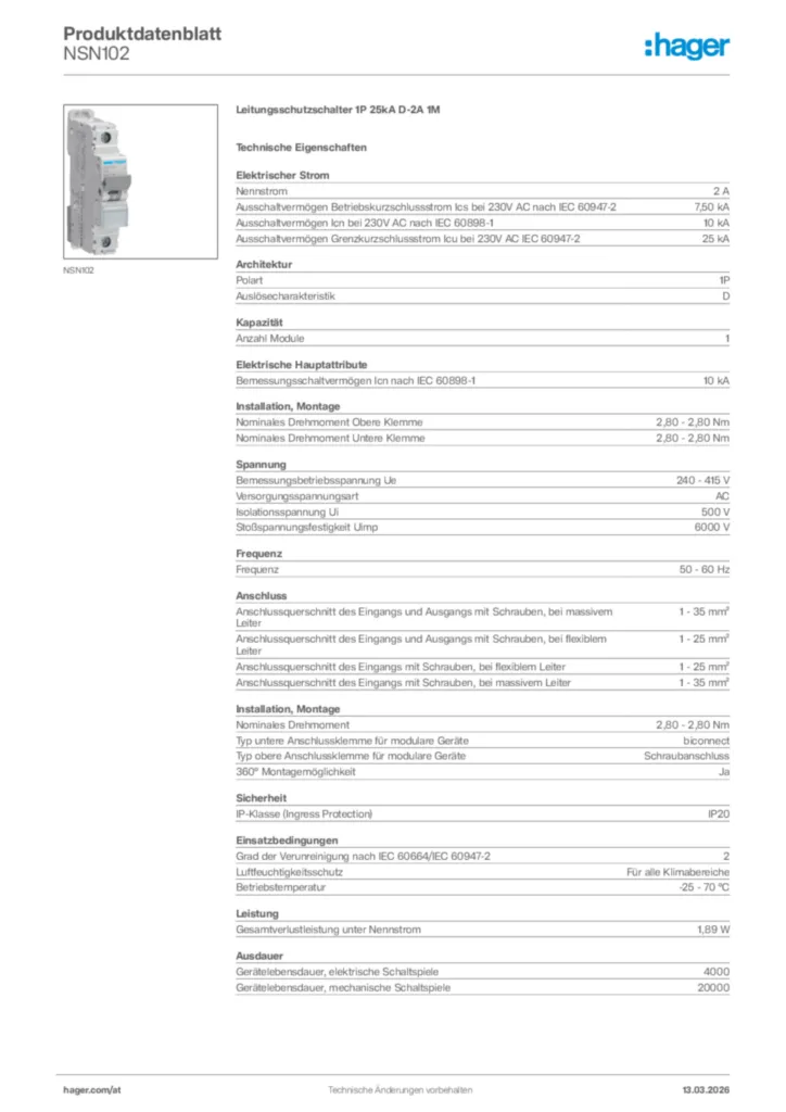 Bild Hager Produktdatenblatt NSN102 | Hager Deutschland