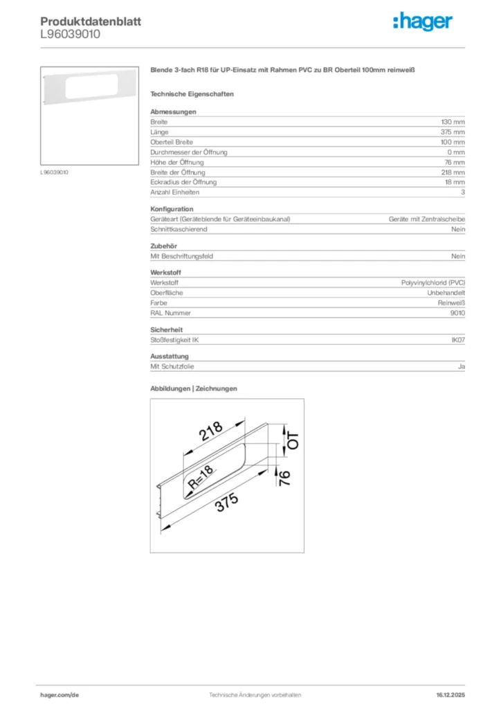 Bild Hager Produktdatenblatt L96039010 | Hager Deutschland