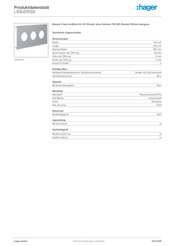 Bild Hager Produktdatenblatt L93037030 | Hager Deutschland