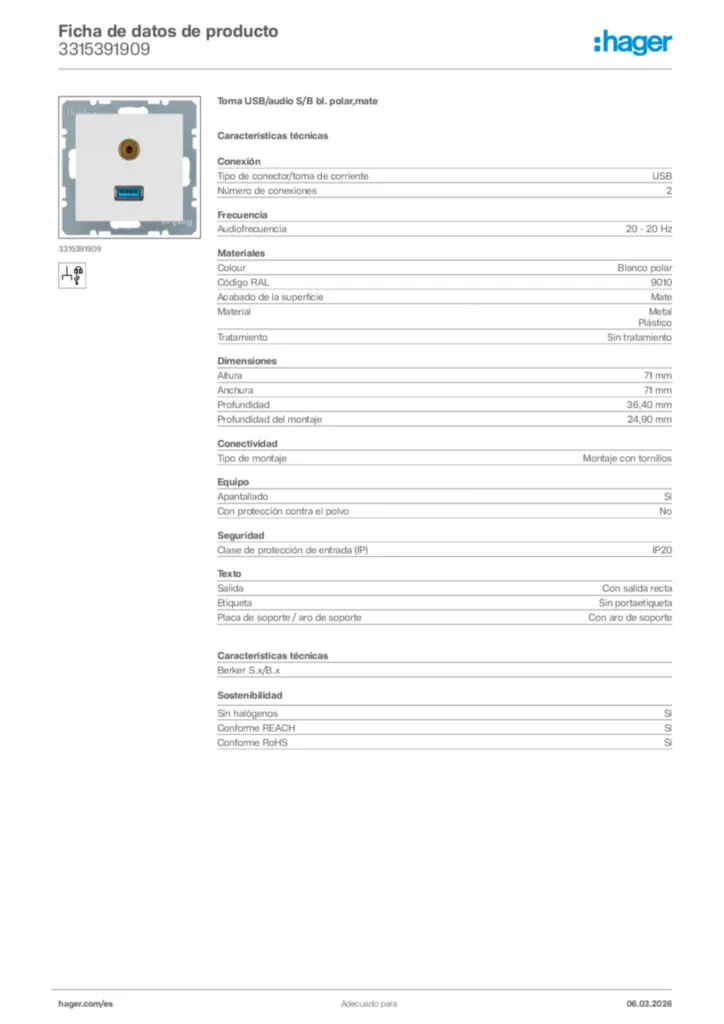 Imagen Hager Ficha de datos de producto 3315391909 | Hager España