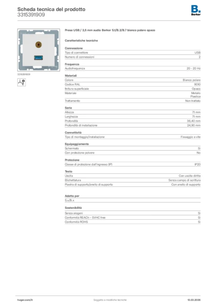 Immagine Berker Scheda tecnica del prodotto 3315391909 | Hager Italia