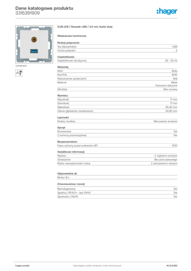 Zdjęcie Hager Karta katalogowa 3315391909 | Hager Polska