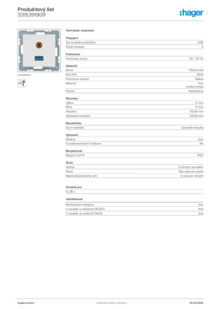 Obrázek Hager Product data sheet 3315391909 | Hager
