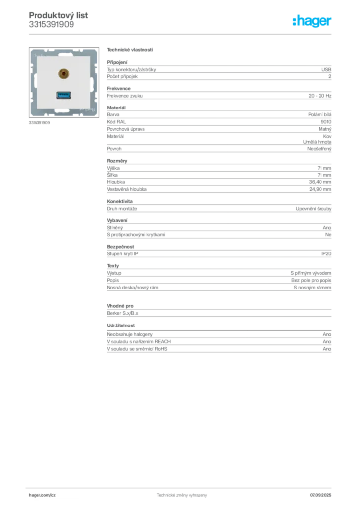 Obrázek Hager Produktový list 3315391909 | Hager