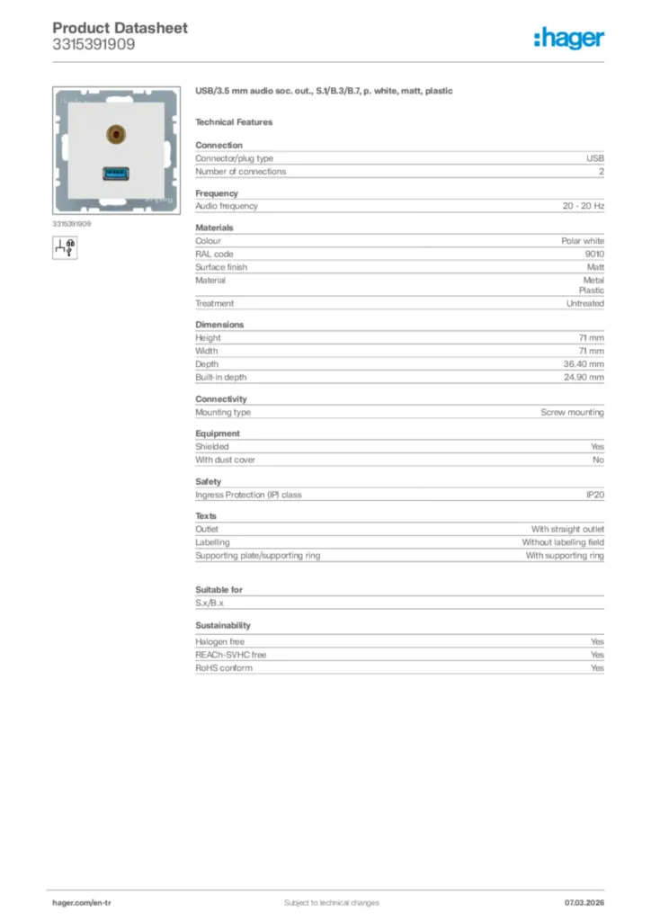 Image Hager Product data sheet 3315391909  | Hager