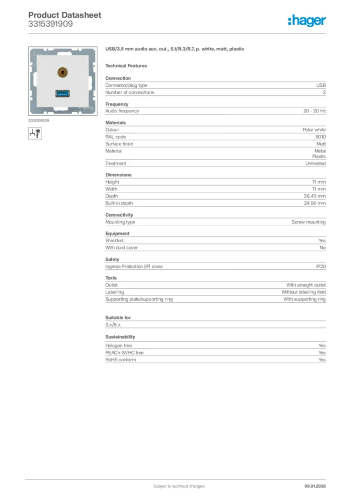 Image Hager Product data sheet 3315391909  | Hager