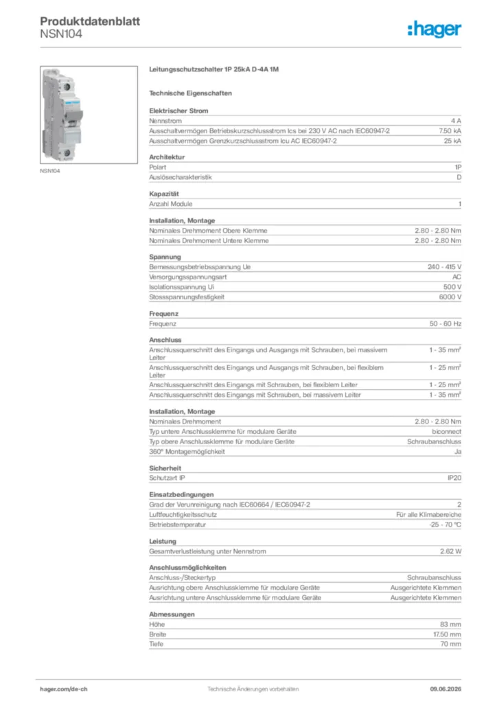 Bild Hager Produktdatenblatt NSN104 | Hager Schweiz