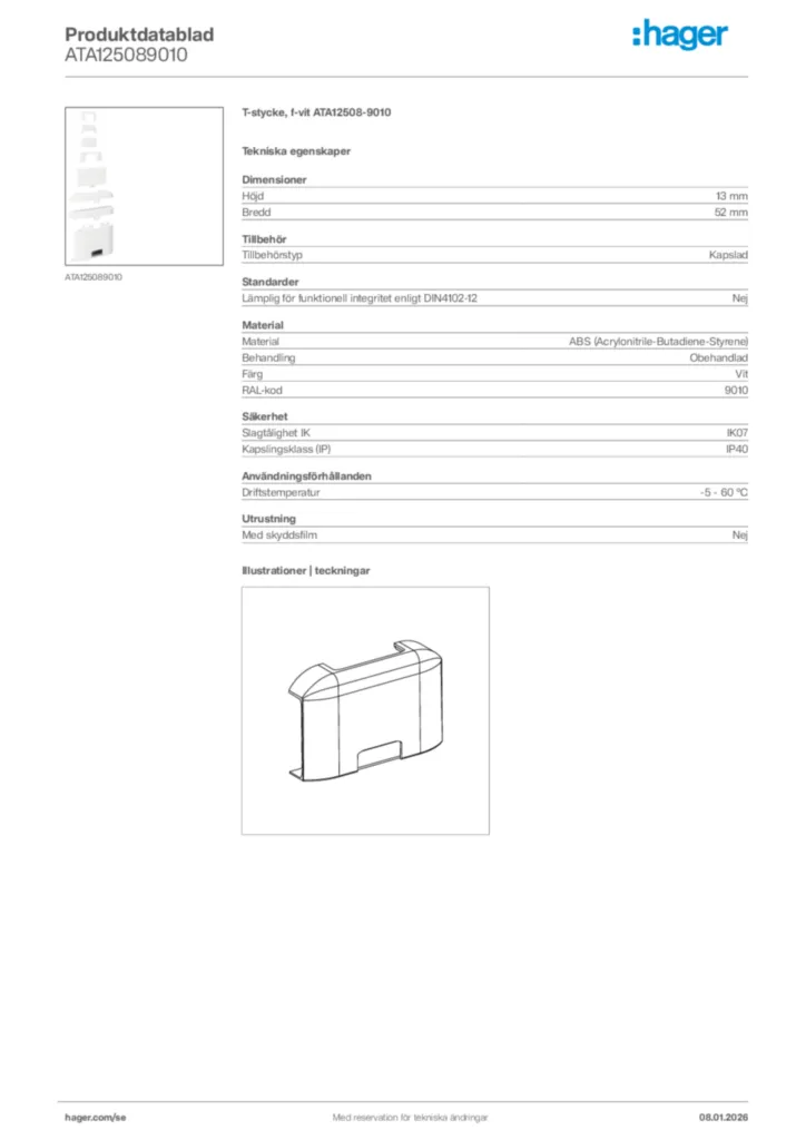 Bild Hager Produktdatablad ATA125089010 | Hager Sverige