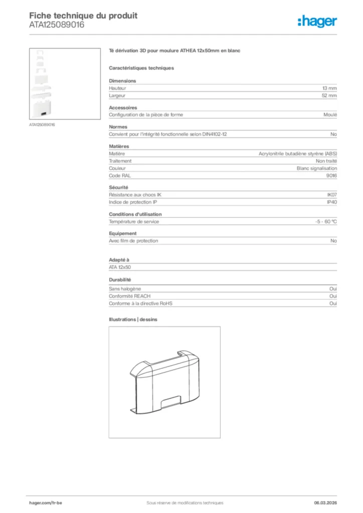 Image Hager Fiche technique du produit ATA125089016 | Hager Belgique