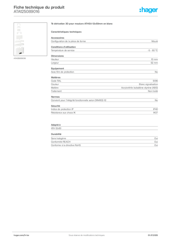 Image Hager Fiche technique du produit ATA125089016 | Hager Belgique