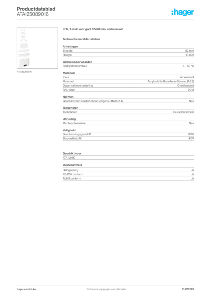 Afbeelding Hager Productdatablad ATA125089016 | Hager Belgium