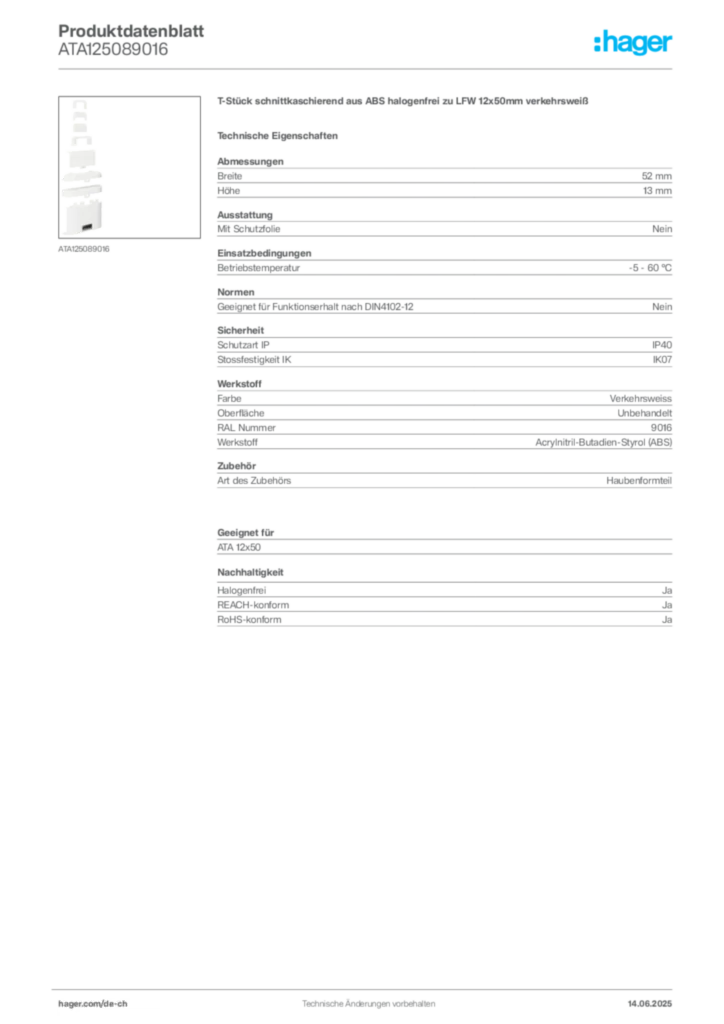 Bild Hager Produktdatenblatt ATA125089016 | Hager Schweiz