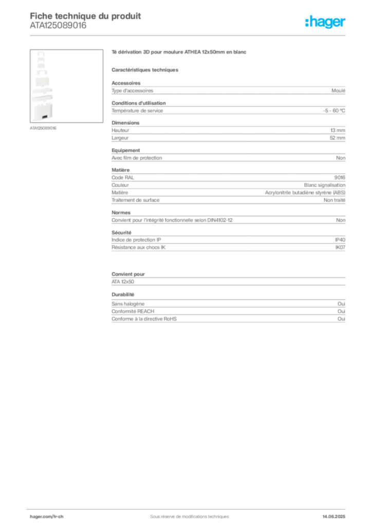 Image Hager Fiche technique du produit ATA125089016 | Hager Suisse