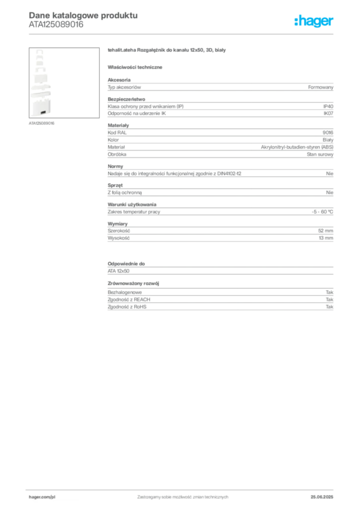 Zdjęcie Hager Karta katalogowa ATA125089016 | Hager Polska