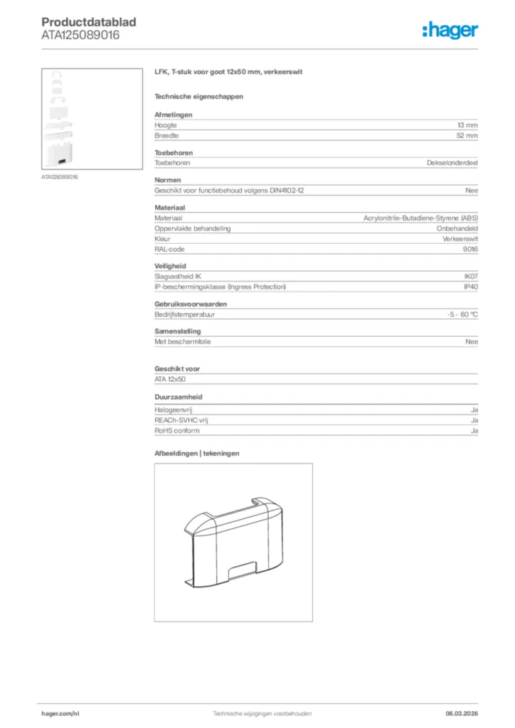 Afbeelding Hager Productdatablad ATA125089016 | Hager Nederland