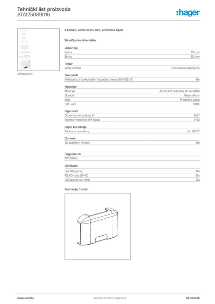 Slika Hager Tehnički list proizvoda ATA125089016  | Hager