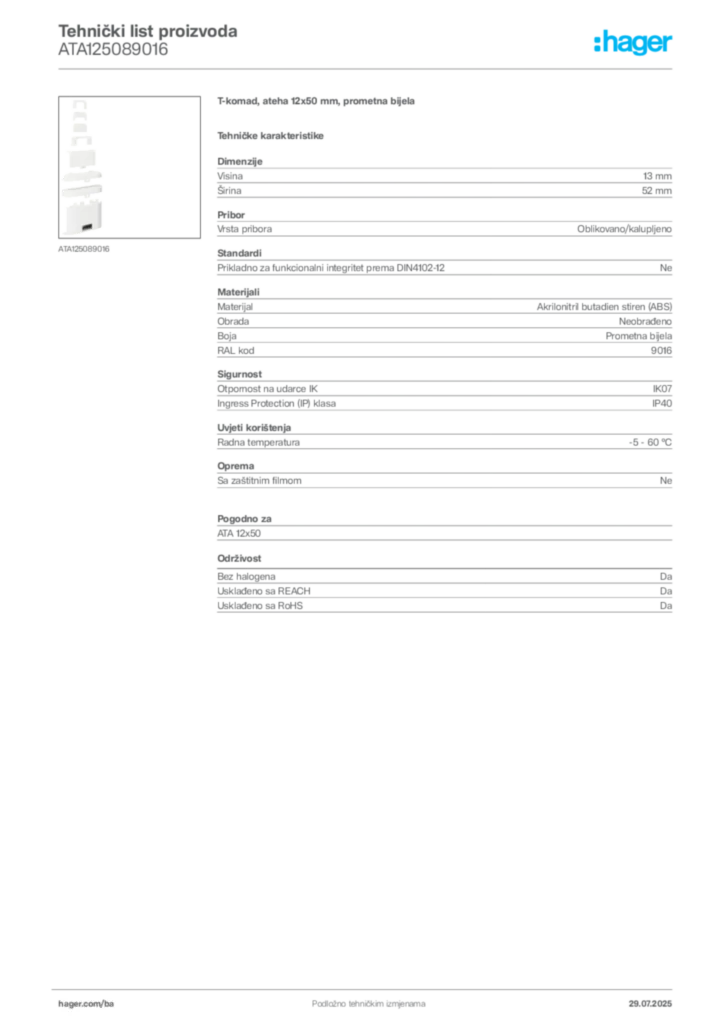 Slika Hager Product data sheet ATA125089016  | Hager