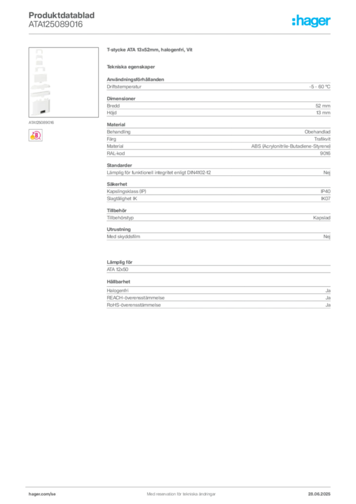 Bild Hager Produktdatablad ATA125089016 | Hager Sverige