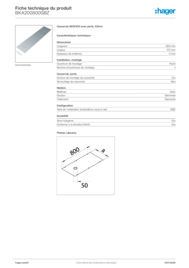 Image Hager Fiche technique du produit BKA200800GBZ | Hager France