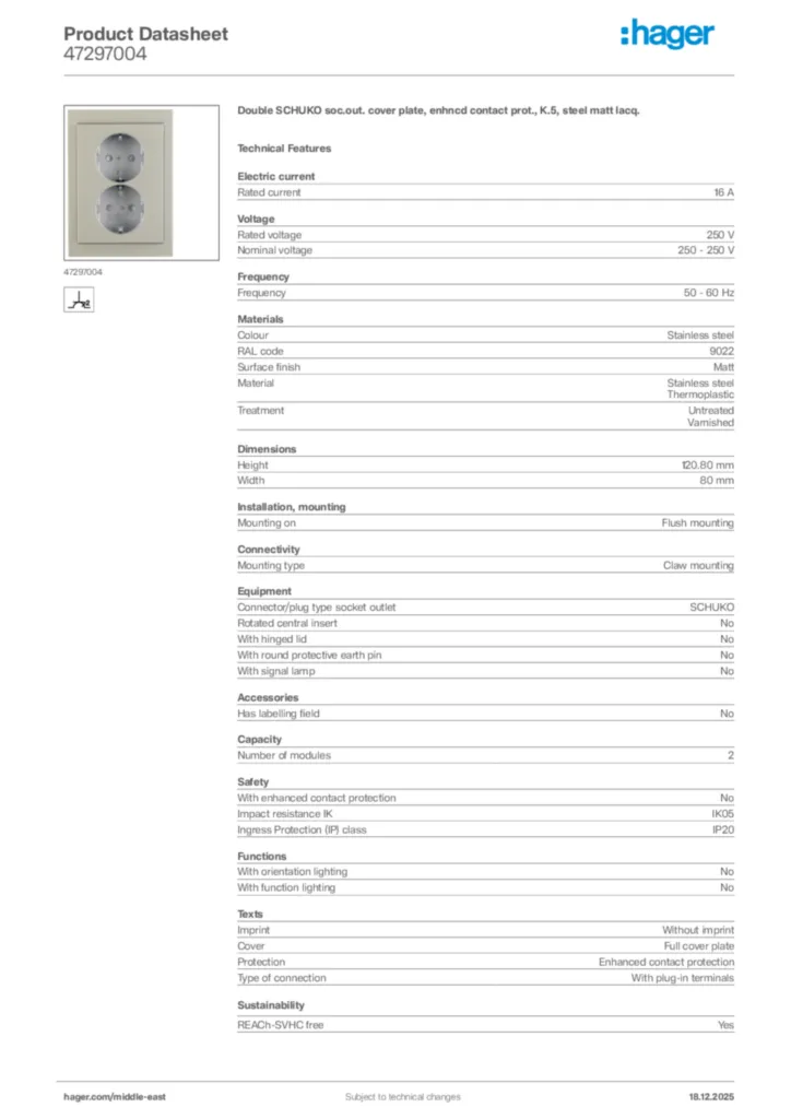 Image Hager Product data sheet 47297004  | Hager