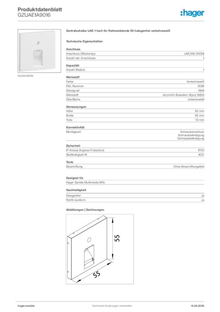 Bild Hager Produktdatenblatt GZUAE1A9016 | Hager Deutschland