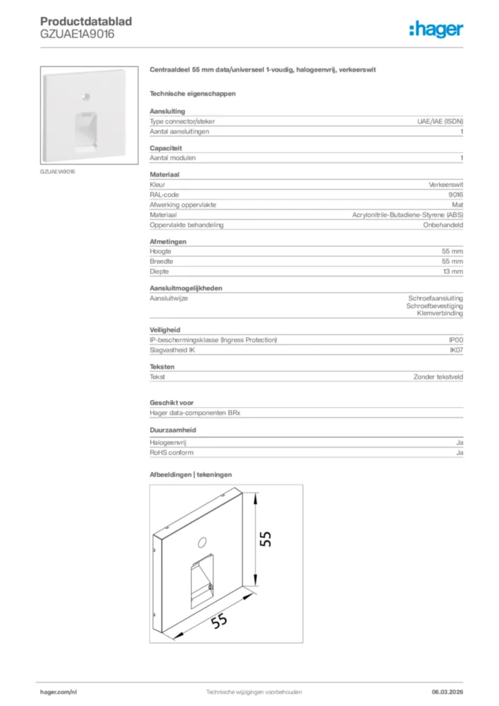Afbeelding Hager Productdatablad GZUAE1A9016 | Hager Nederland