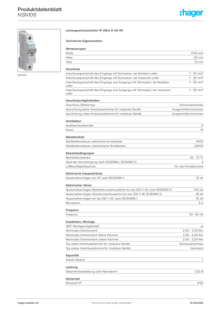 Bild Hager Produktdatenblatt NSN106 | Hager Schweiz