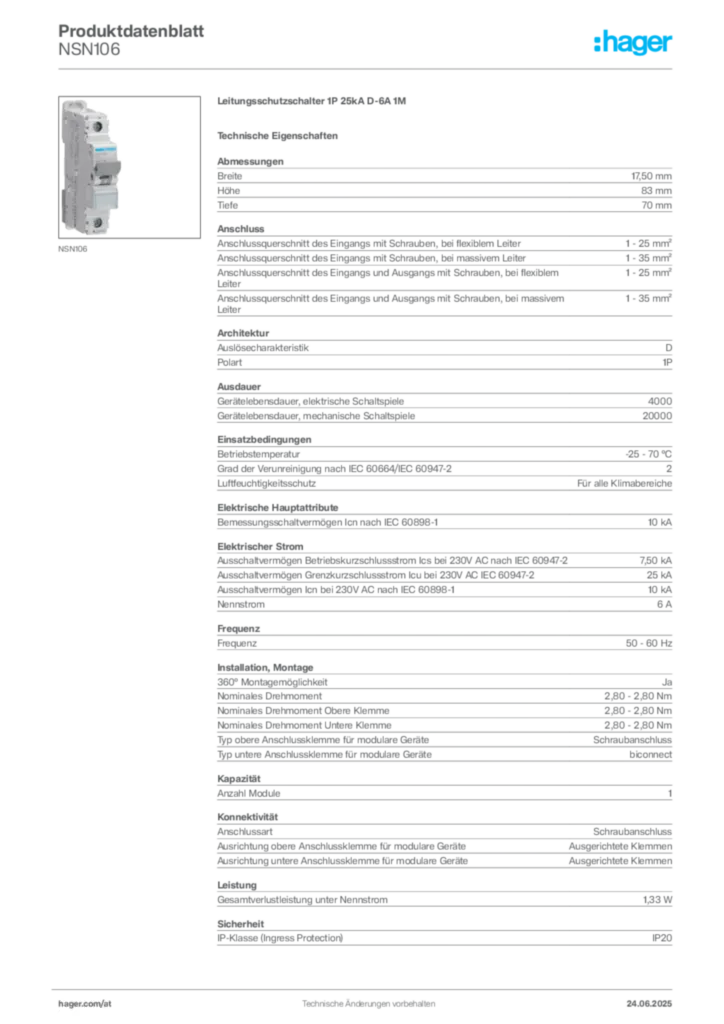 Bild Hager Produktdatenblatt NSN106 | Hager Deutschland