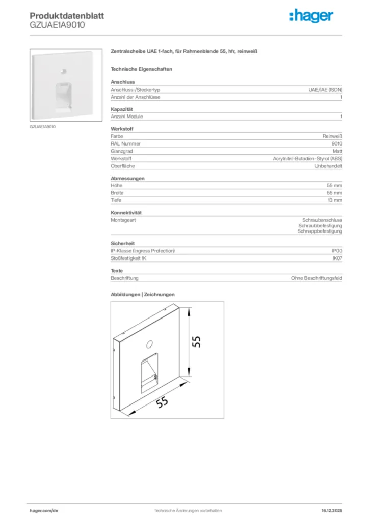 Bild Hager Produktdatenblatt GZUAE1A9010 | Hager Deutschland