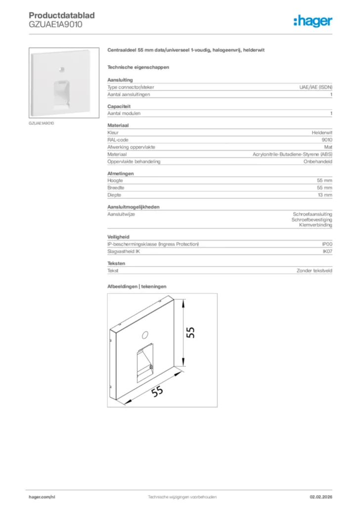 Afbeelding Hager Productdatablad GZUAE1A9010 | Hager Nederland