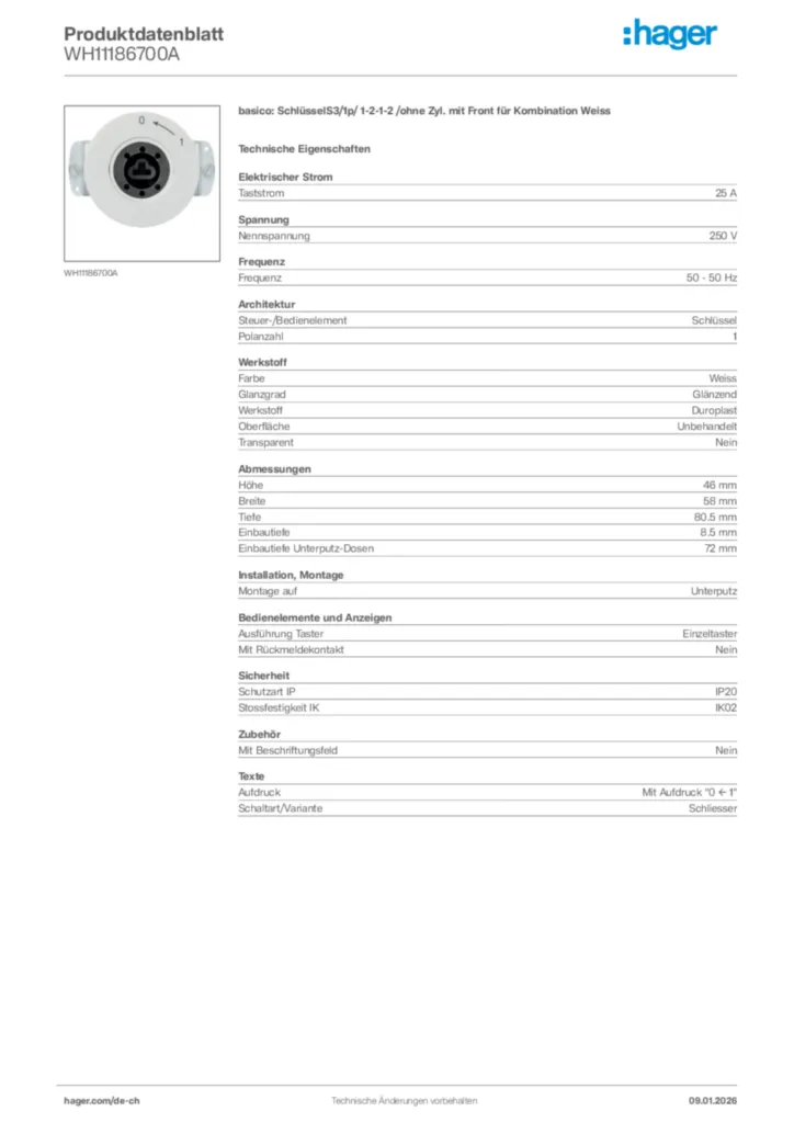 Bild Hager Produktdatenblatt WH11186700A | Hager Schweiz