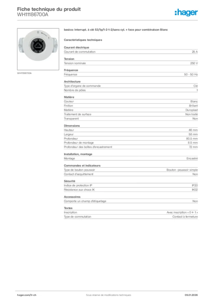 Image Hager Fiche technique du produit WH11186700A | Hager Suisse