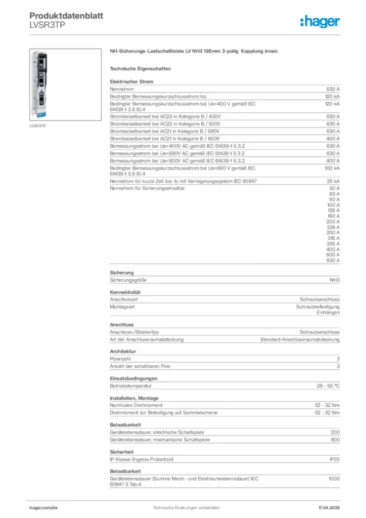 Bild Hager Produktdatenblatt LVSR3TP | Hager Deutschland