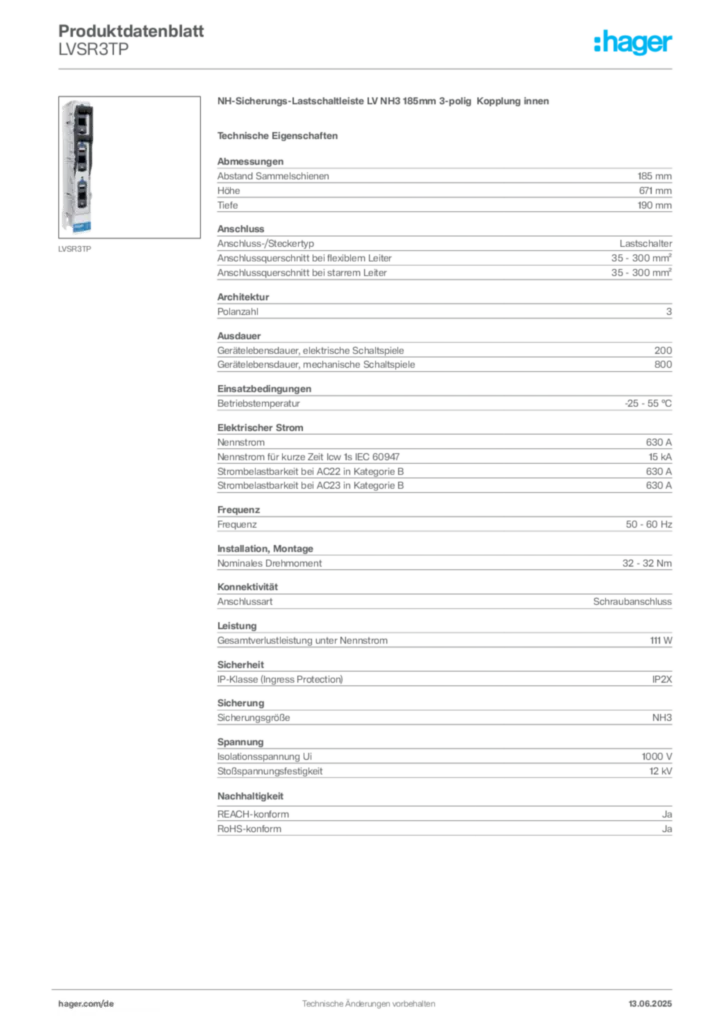 Bild Hager Produktdatenblatt LVSR3TP | Hager Deutschland