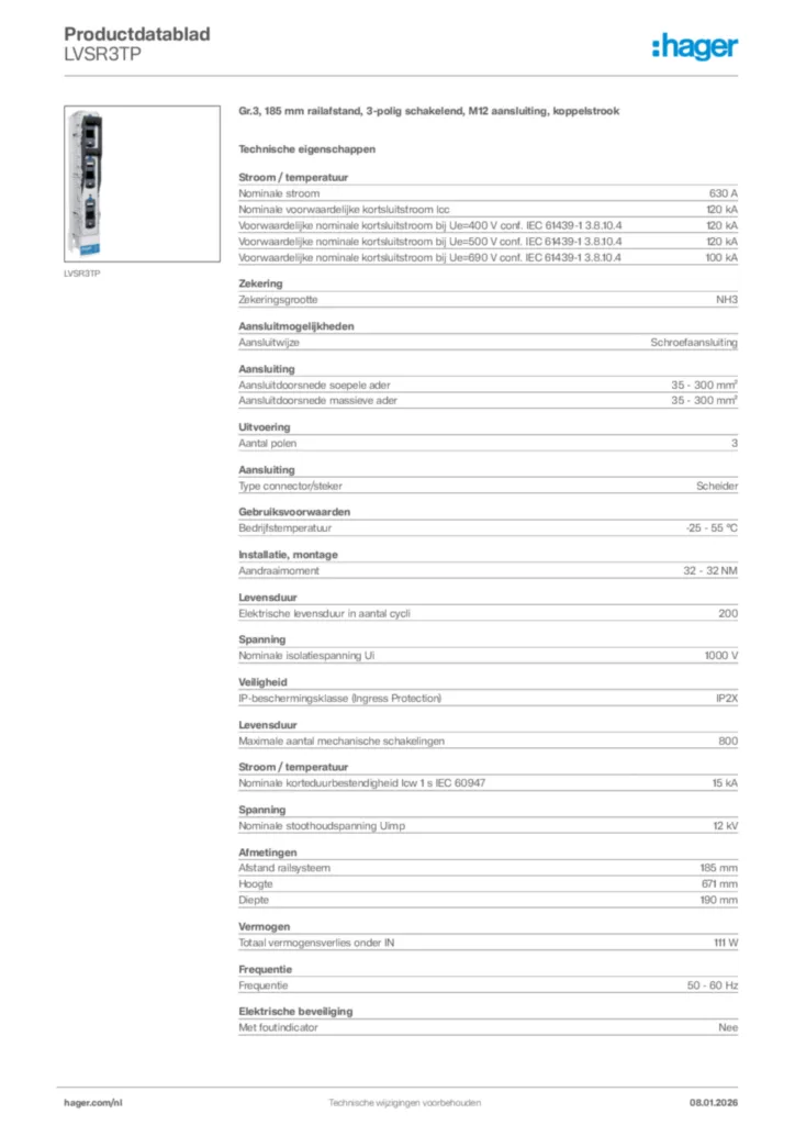 Afbeelding Hager Productdatablad LVSR3TP | Hager Nederland